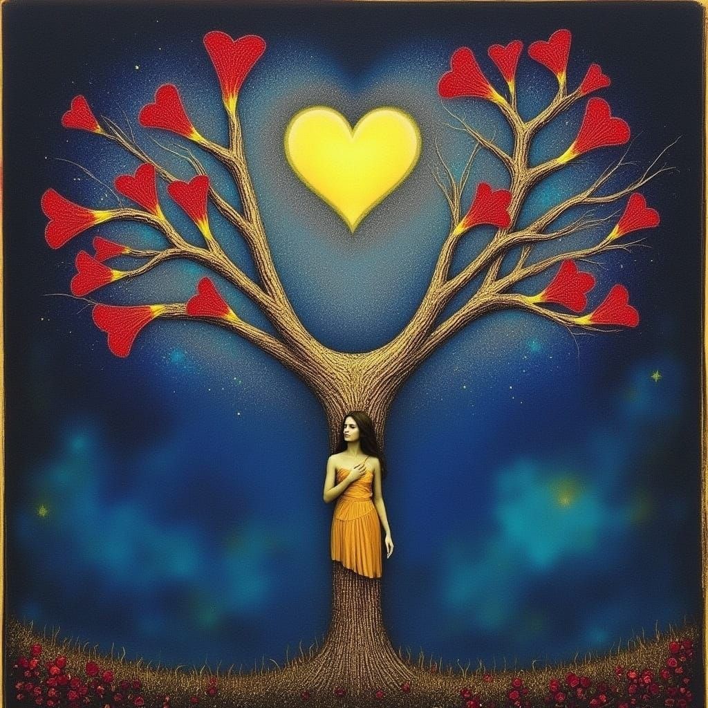 <lora:Heart Work:1.0> Fire flower heart moon tree woman 