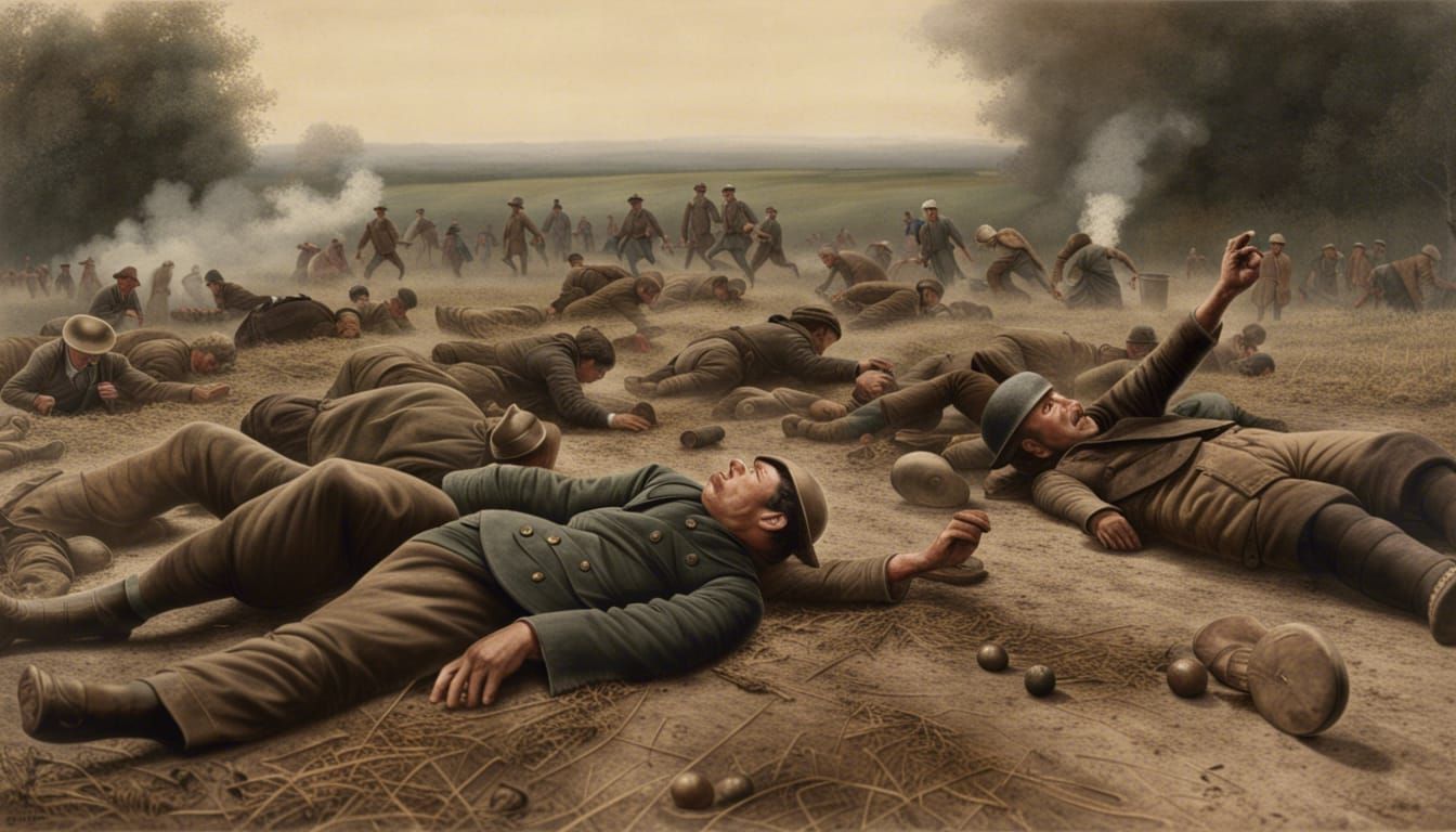 Artillery shells falling around scared peasants lying down i...