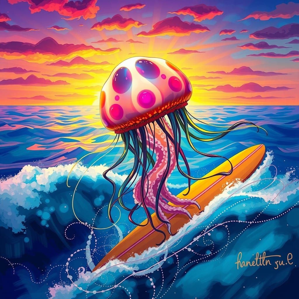 Iridescent Jellyfish Surfer in Vibrant Sunset Ocean