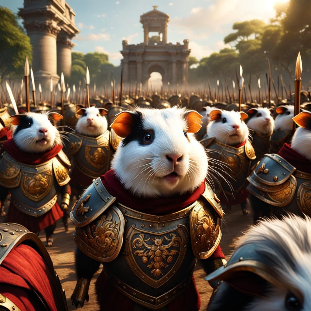 a guinea pig army going to battle in Roman armor