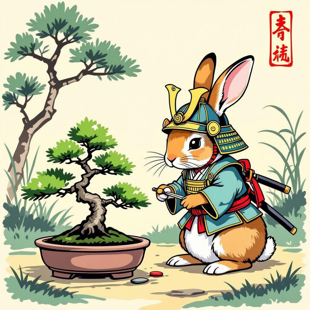 Rabbit Samurai Tending Bonsai Tree in Japanese Garden