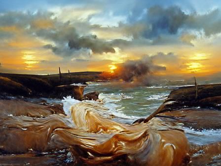 softened sunset at the edge of turbulent shores ii oil paint...
