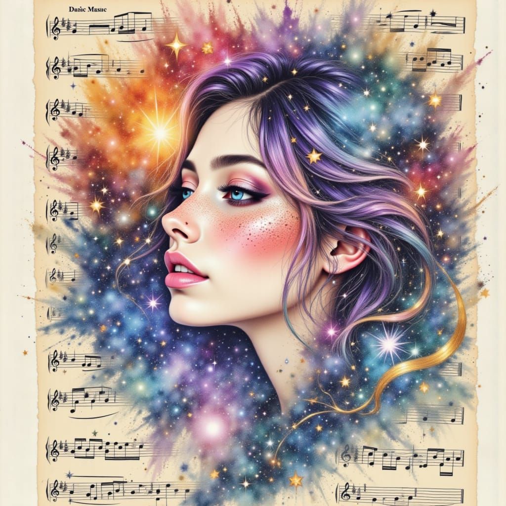 <lora:MusicPaperPortraits:1.0> wet wash watercolour portrait musical score script music galactic dust and smoke