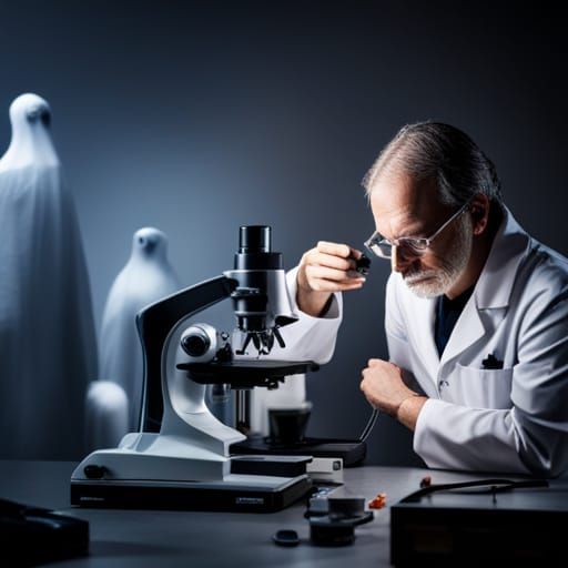 A scientist working in a lab with microscope and ghosts AI Generated