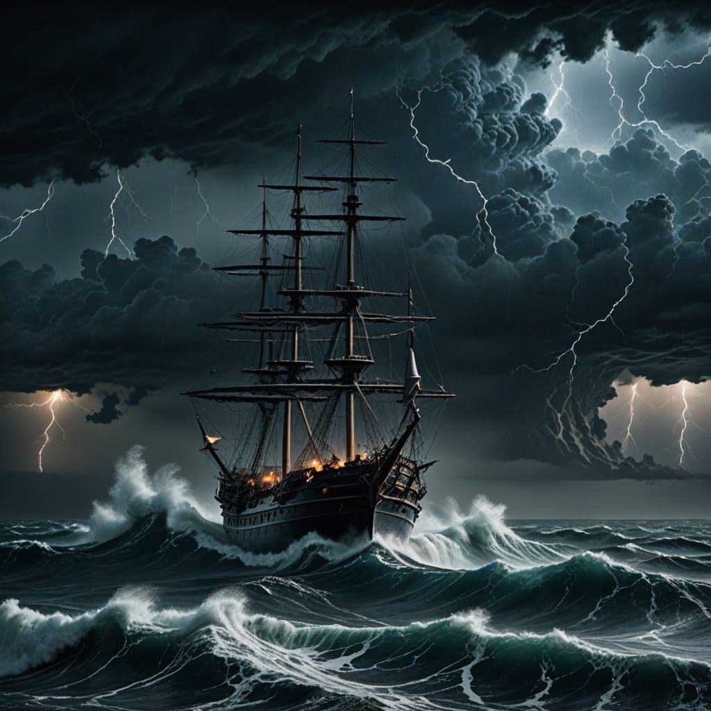 A terrifying, huge ship in the middle of the sea in the dark night, tossed about by huge waves, facing a thunderstorm and lightning.
