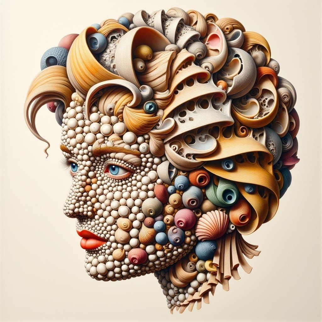 <lora:noddle:1.0> A face composed of a shells and a spiral staircase. A bright hyperrealistic drawing in the mannerist style. Anamorphosis, ...