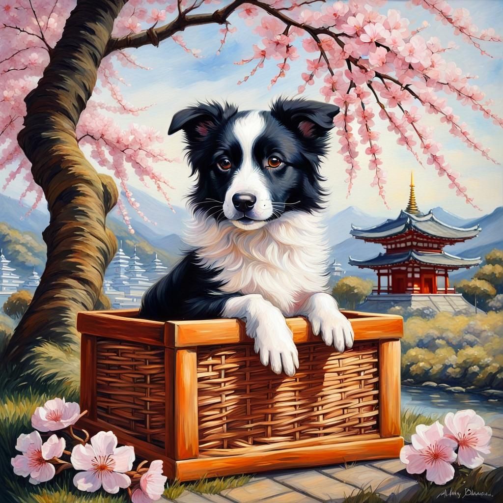 Cute Collie puppy  underneath Cherry Blossom