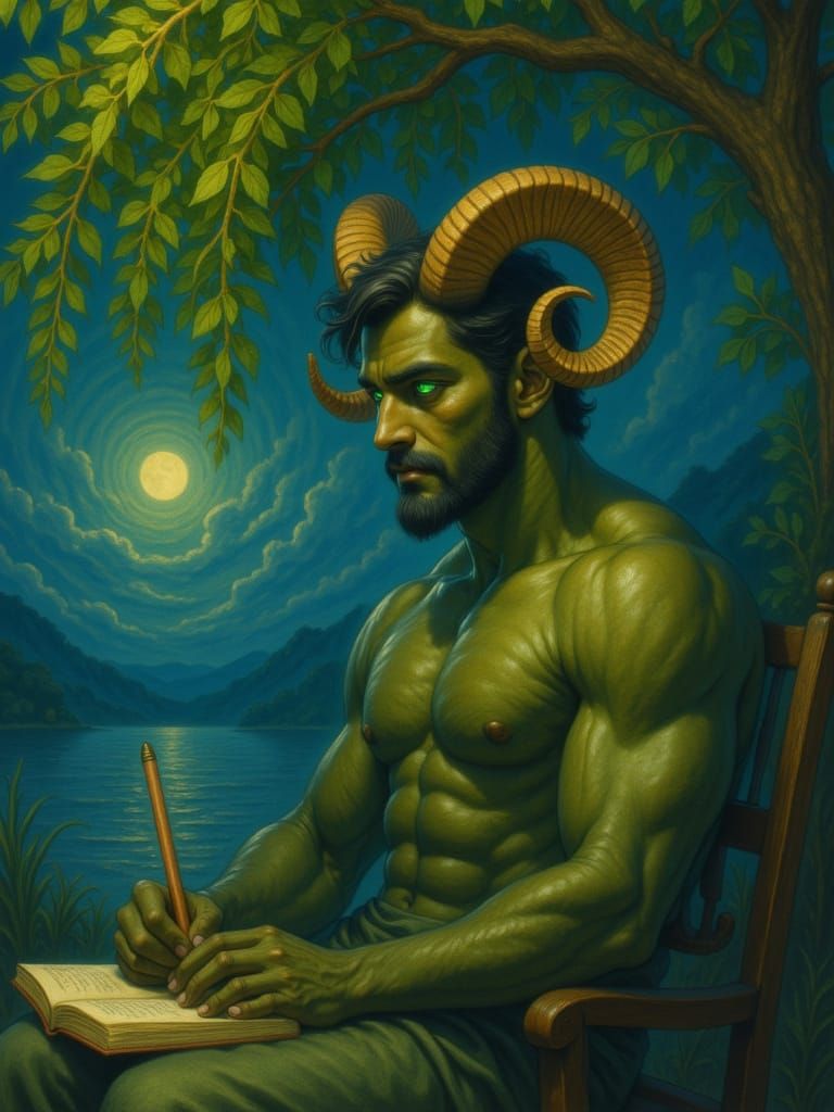 <lora:Ram horns:1.0> A handsome muscular greecian man, with green eyes, writing poetry under a willow tree, under a moon lit sky. He has cur...