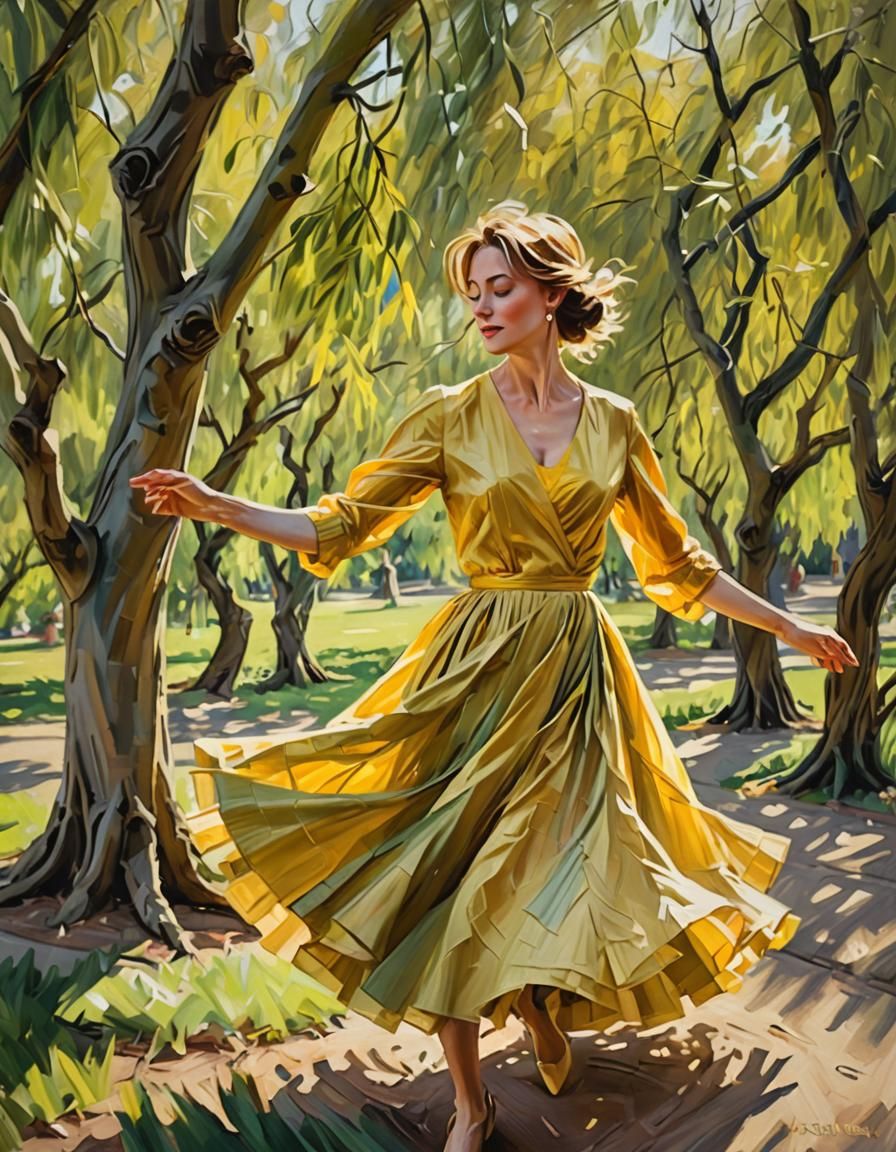 Woman wearing a yellow taffeta dress, dancing between willow...
