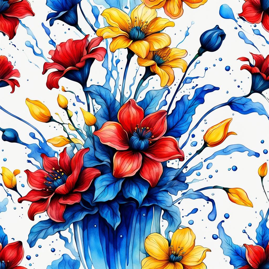 a stunning ink art of a bouquet flowers, red; blue and yello...