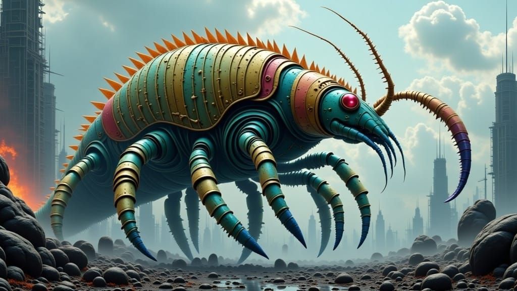 <lora:TheEngineWalks 2p0:1.0> a monstrous kaiju (hybrid of llama/crayfish/elasmosaurus) encased in biomechanical-armor (gold/indigo gradient...