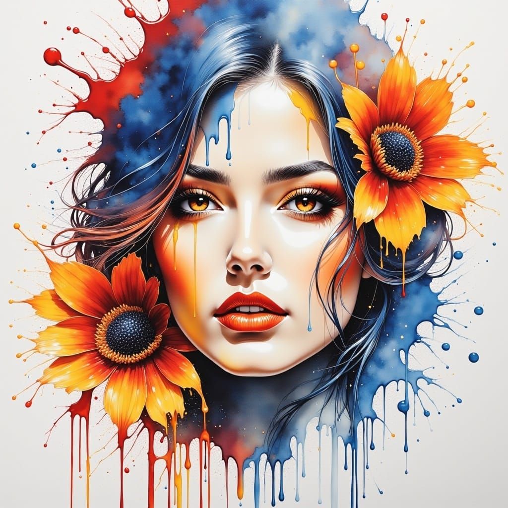 <lora:InkSplashFlux:1.0>  illustration, digital elements, rare reflective colors, prehistoric, ambience, futuristic little flying birds, mil...