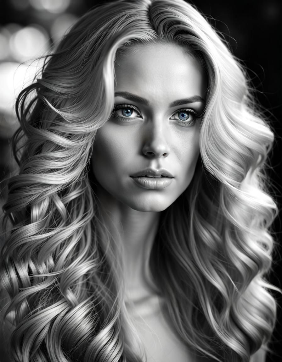 Black and white portrait of a woman with long wavy hair::blo...