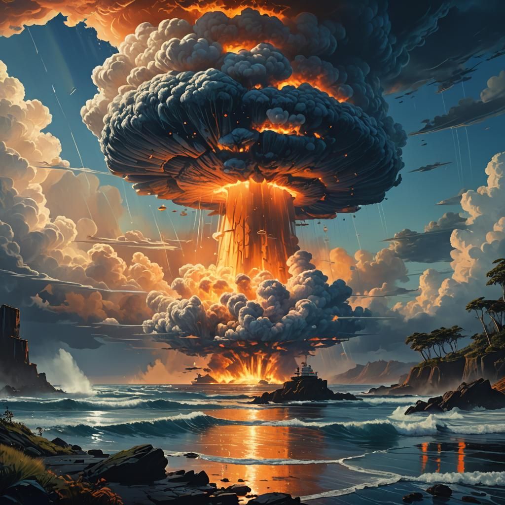 Oceanic Mushroom Cloud: A Matte Painting in Explosive Colors
