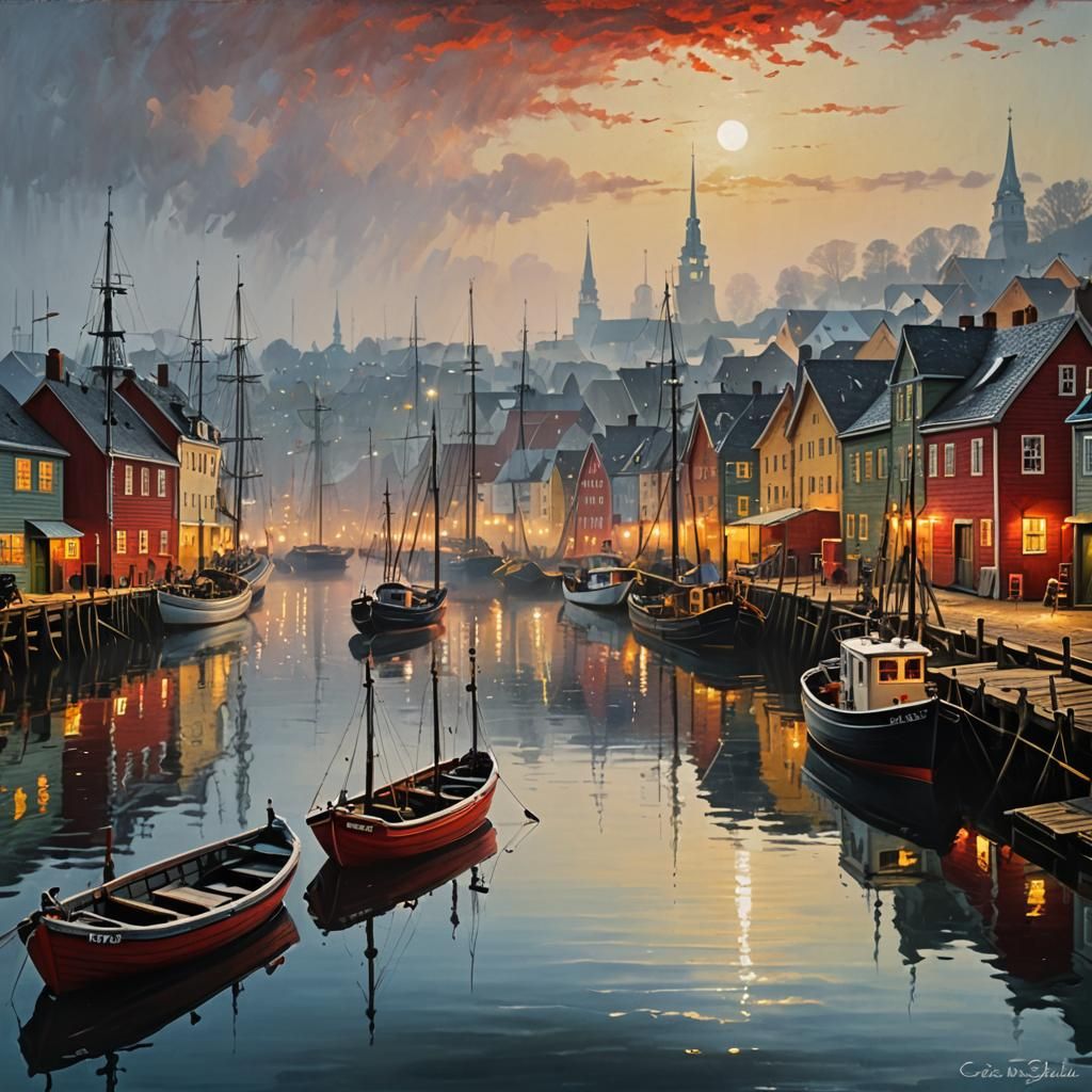 Norwegian Fishing Village Morning Mist 🌅🎨✨