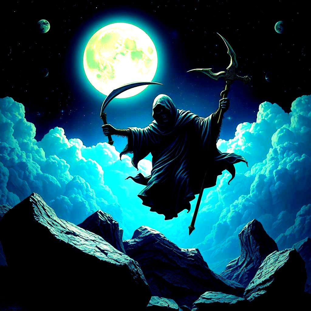 Levitating Grim Reaper on the Moon in Astral Style