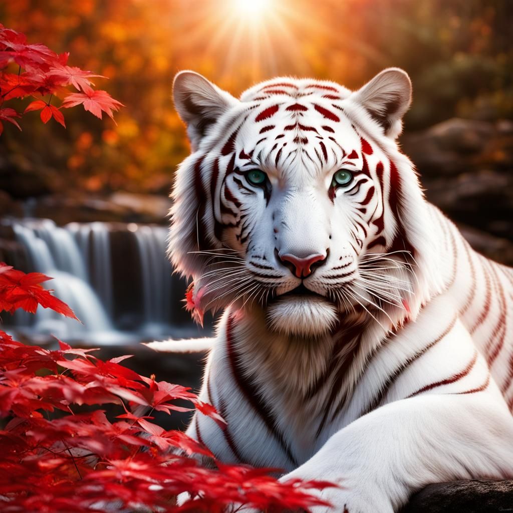 white tiger on top of a water fall in the fall with red leafs falling