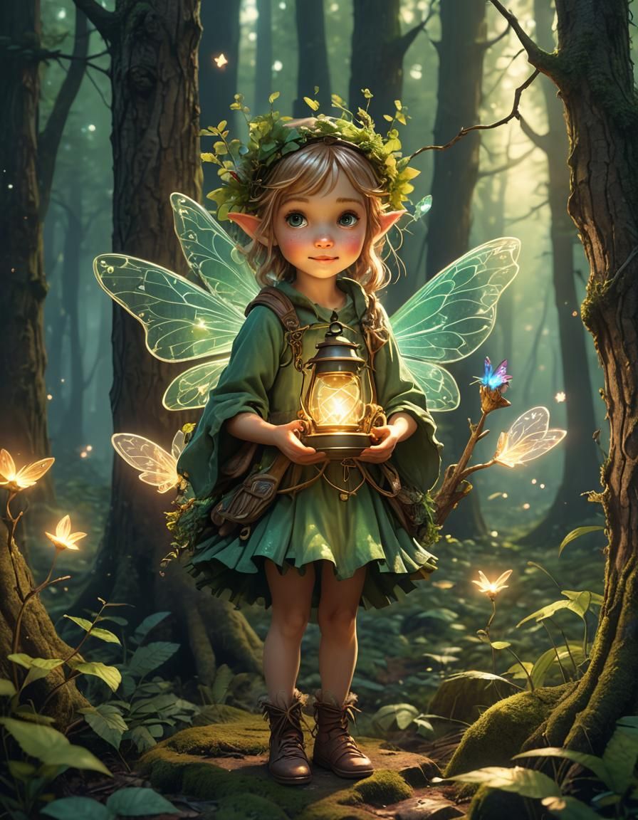 A cute little forest fairy with a beautiful magic lantern in the forest. concept art, Greg Rutkowski ...  by @undefined