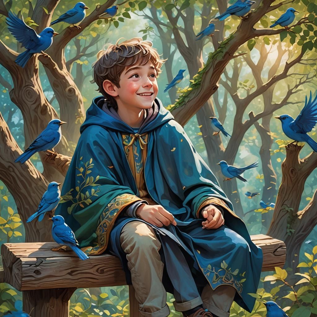 Joyful Boy in Blue Cloak: Whimsical Fantasy Art