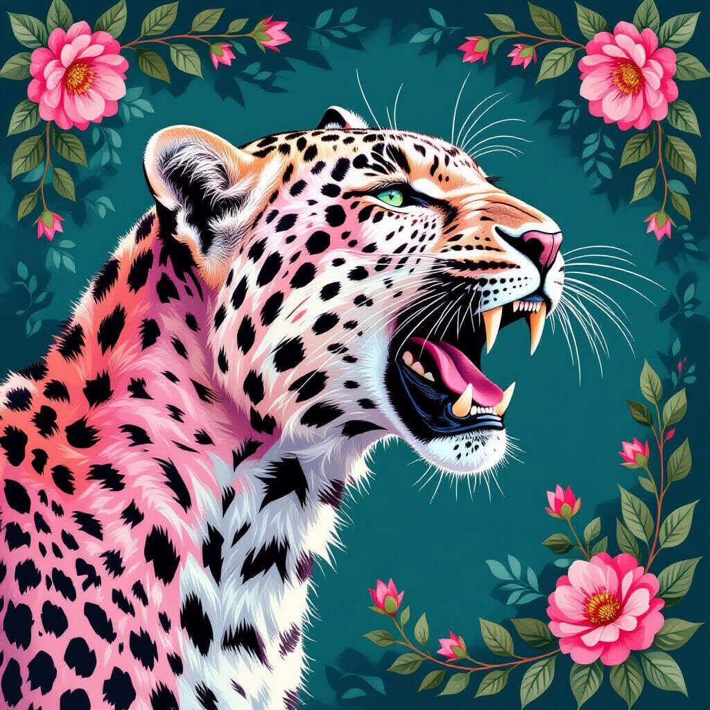 Illustration artistique très détaillée d’un léopard au pelage rose vif décoré de motifs floraux.
Le léopard ...  by @Abri 