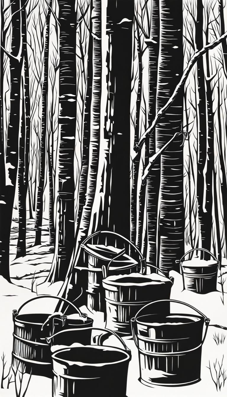 woodcut. maple sugaring buckets hanging from spiels drilled ...