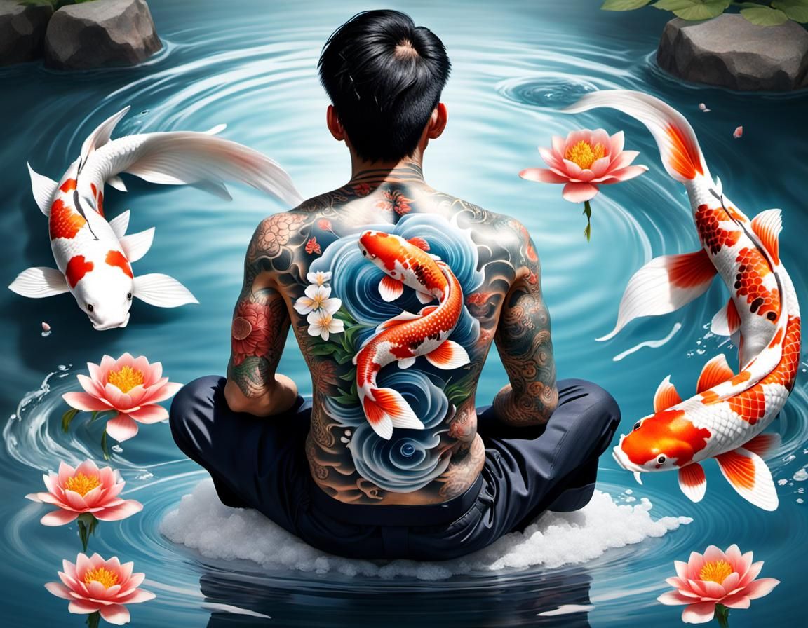 A japanese man in a zen Graden with a beautiful tattoo of his koi carps.  by @Caleidoscope