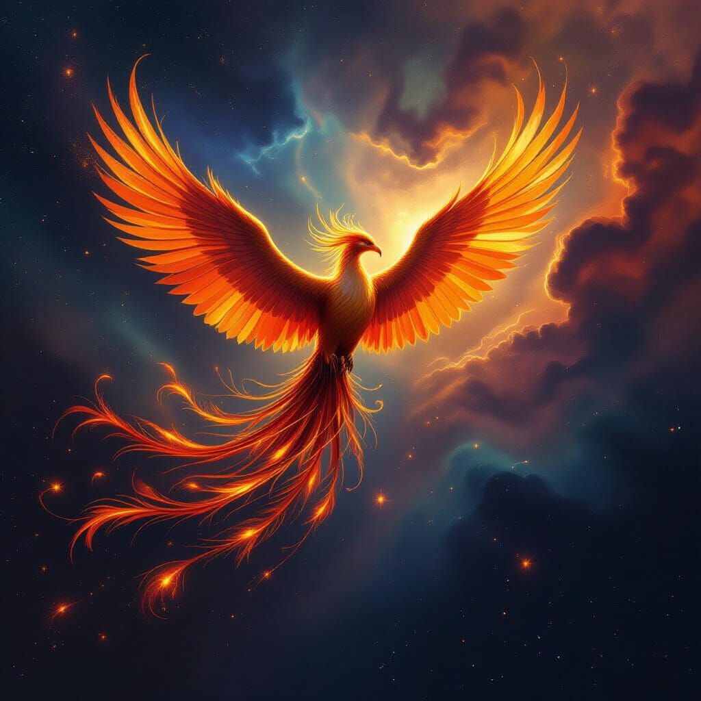 Majestic Phoenix Soars Through Cosmic Nebula in Epic Fantasy...