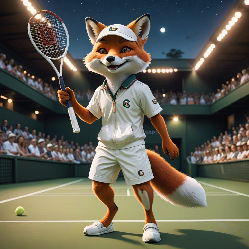 Full shot. An anthropomorphic fox wearing a white tennis outfit and headband, smiling while holding a tennis racket on c...