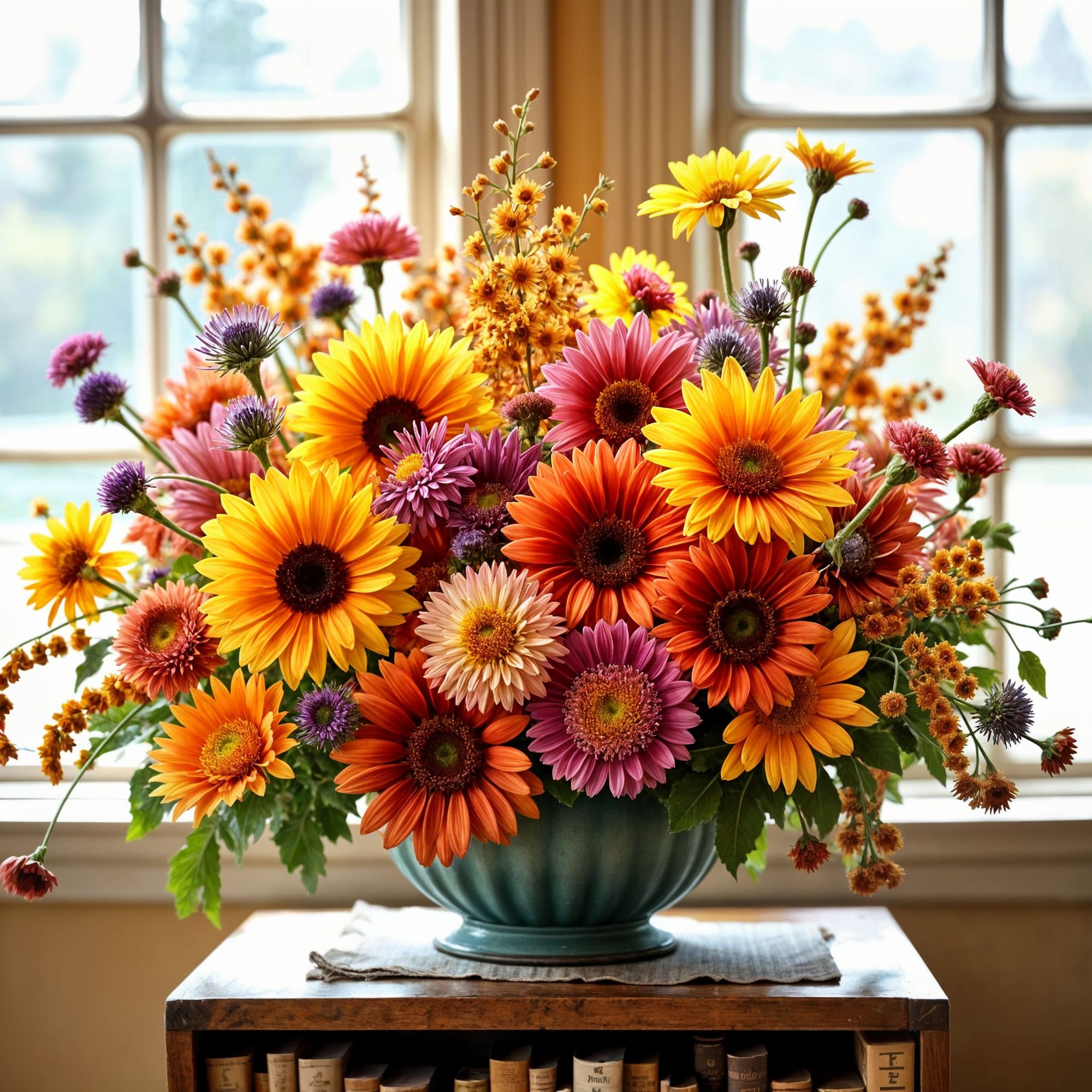 A seasonal flower arrangement with fall colors.