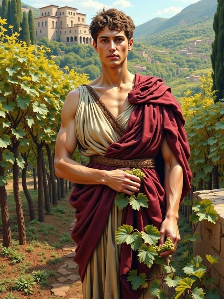 Young workers in tattered clothes from ancient Rome <lora:Ancient Beauty2:1.0> picking grapes from a vineyard, background with a hilly area...