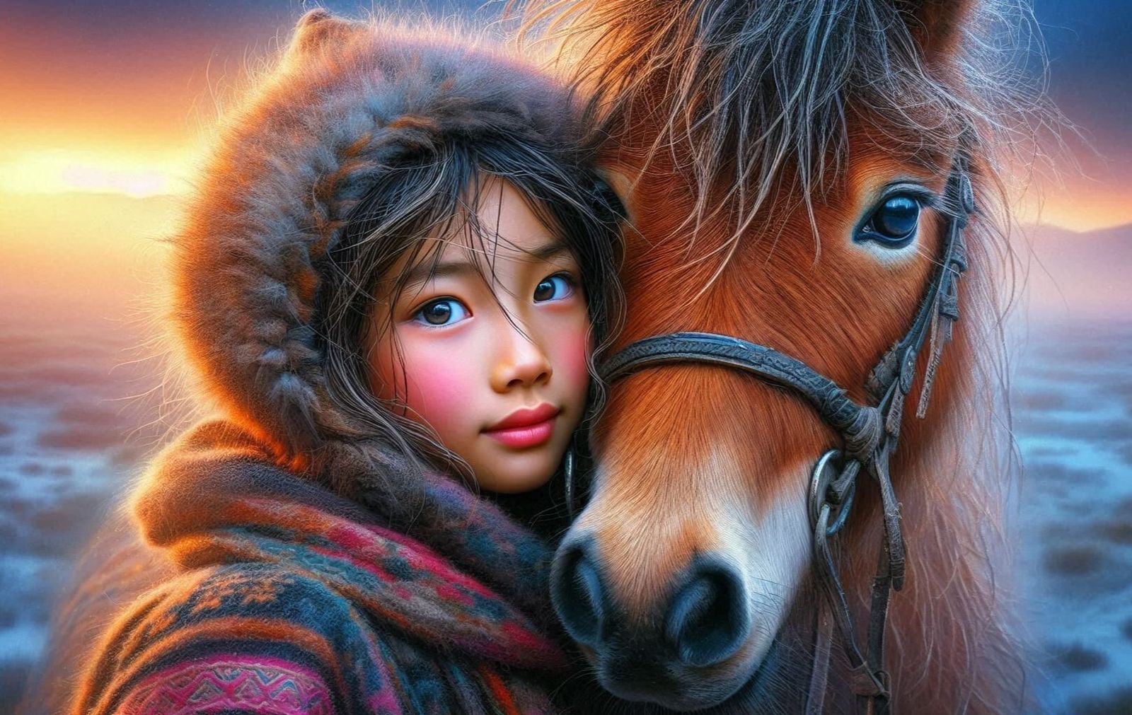 Mongolian nomad girl with her horse