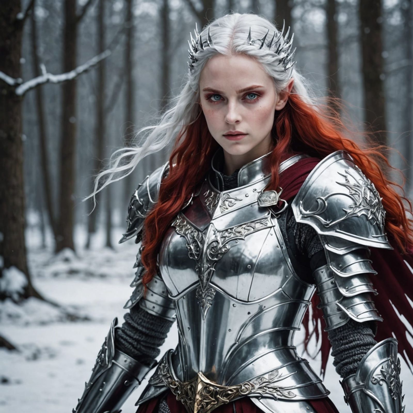 Centered Female elf Knight of Ice and Fire in full silver armour ...