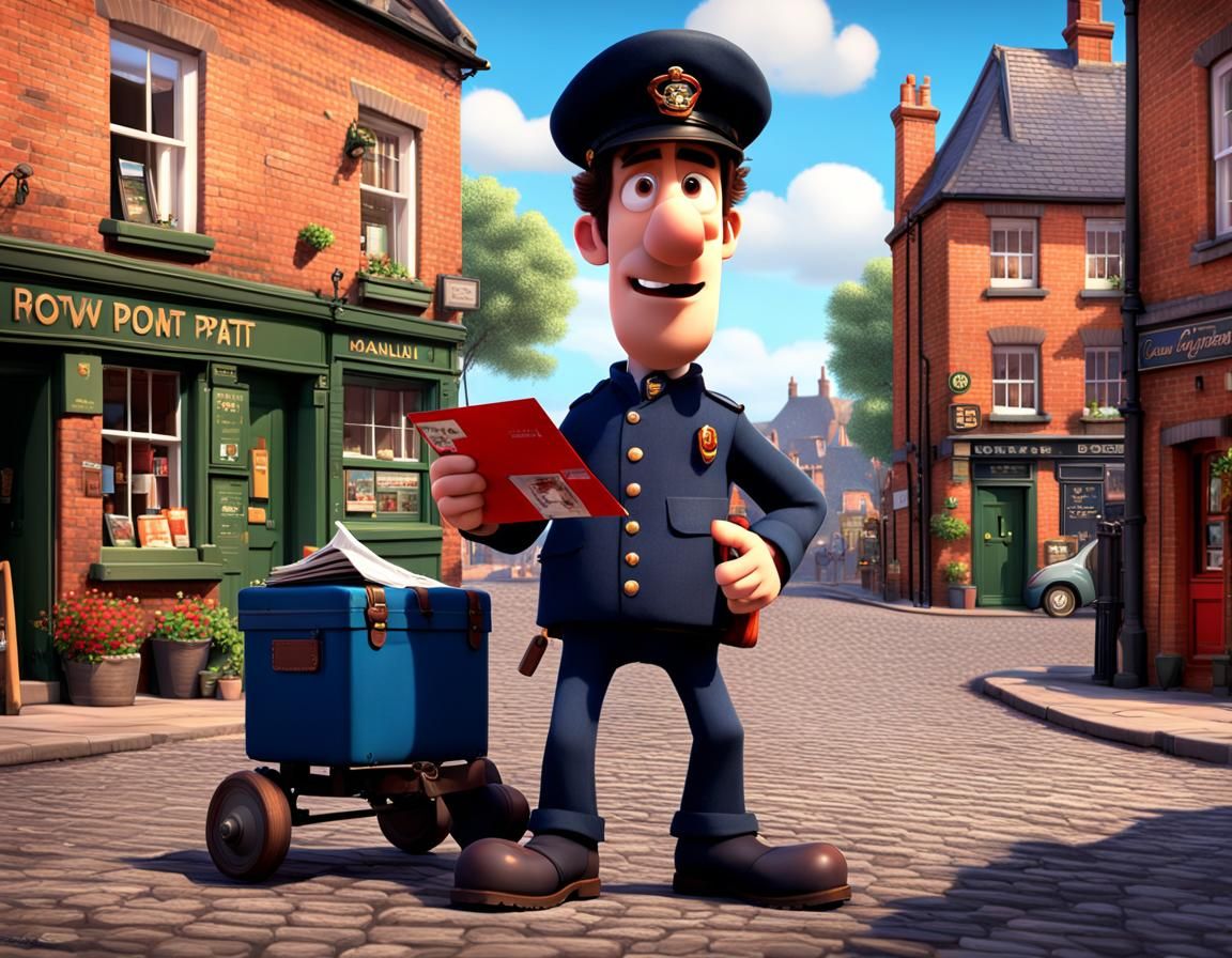 Postman Pat delivering a postcard, in the style of Pixar, 32...