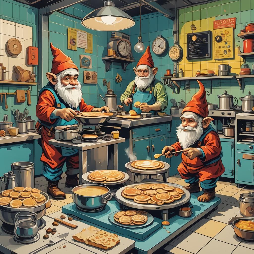 A gnome and a monkey making pancakes in his top-secret facil...