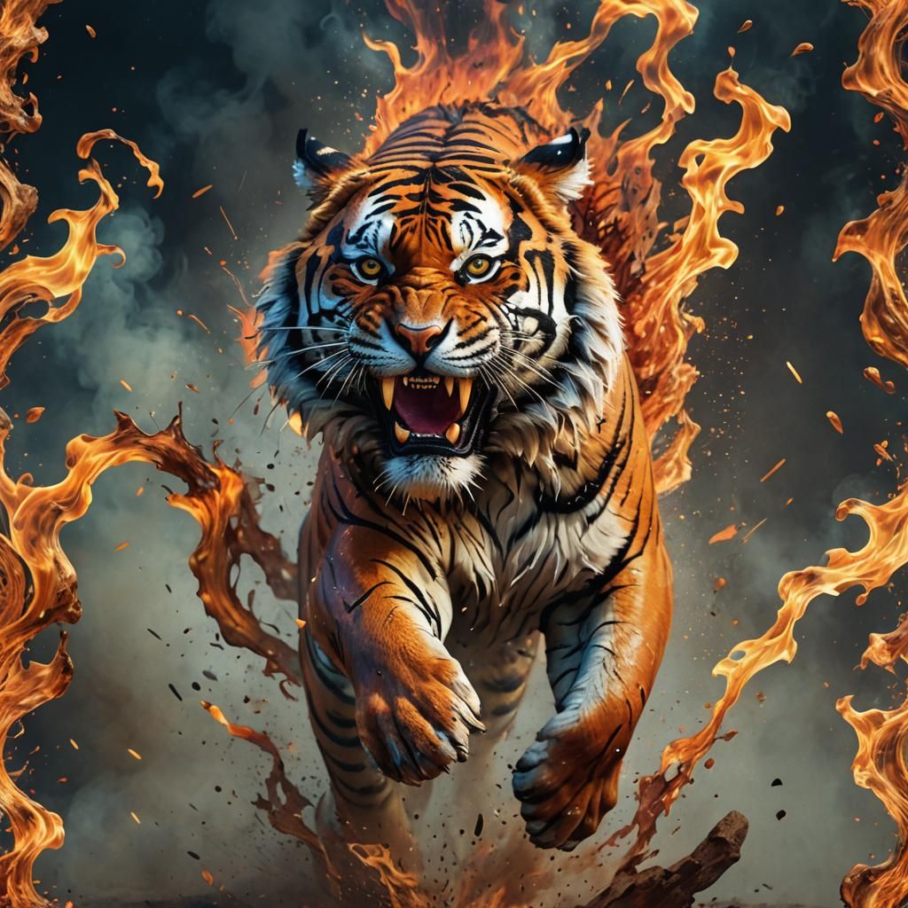 Furious Fire Tiger in Hyperrealistic Splash Art