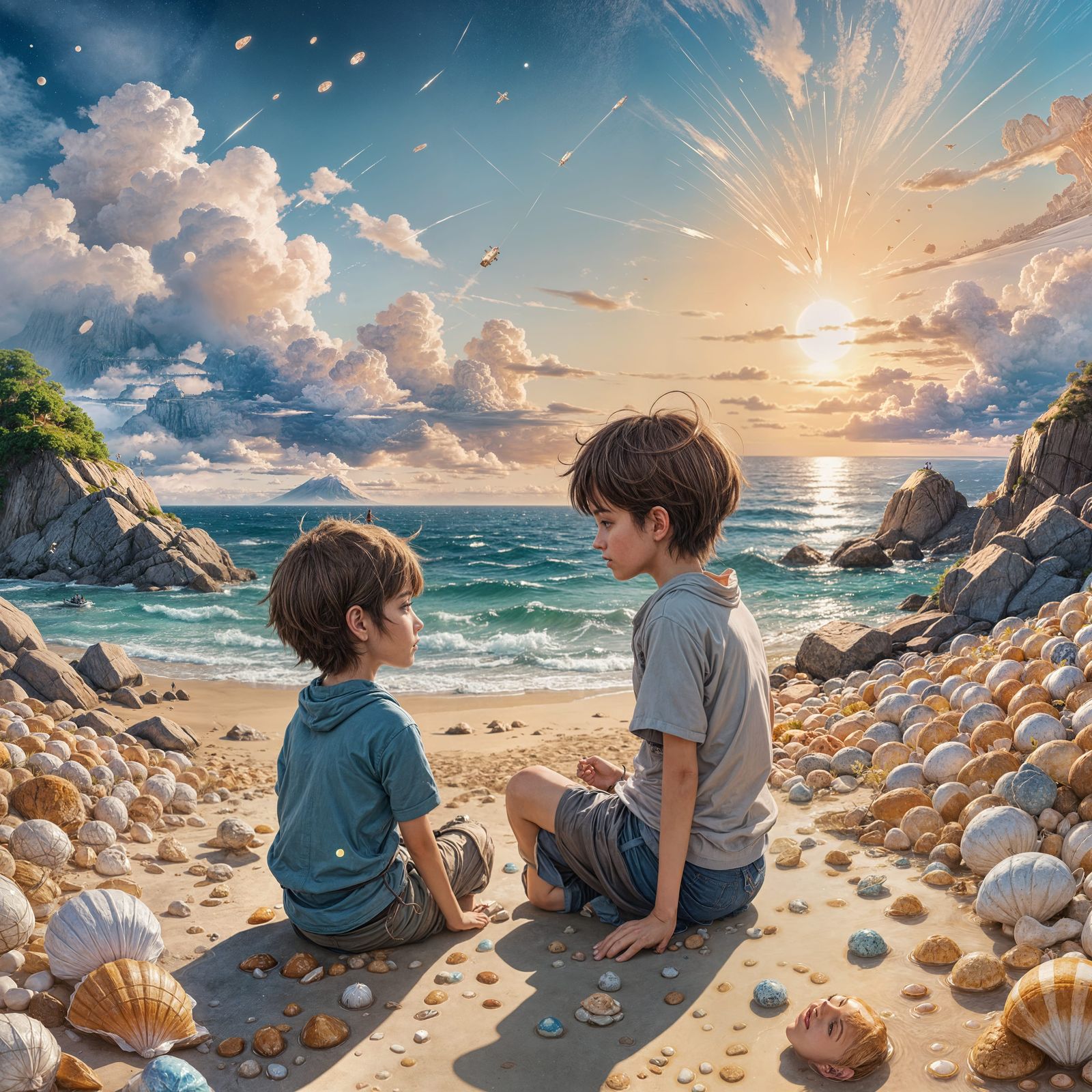 Pensive Child by the Sea in Anime Style