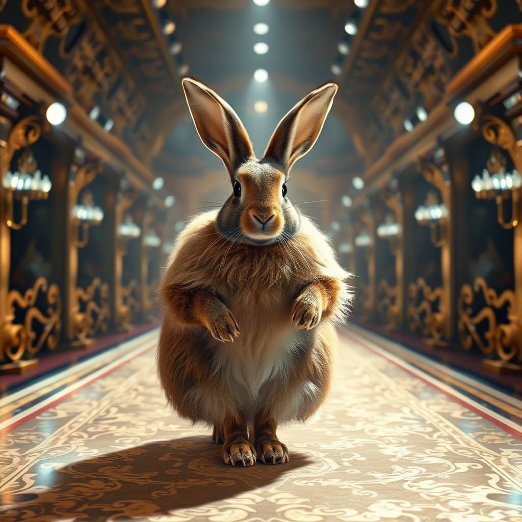Regal Rabbit Struts Down Golden Catwalk in Opulent... - AI Art