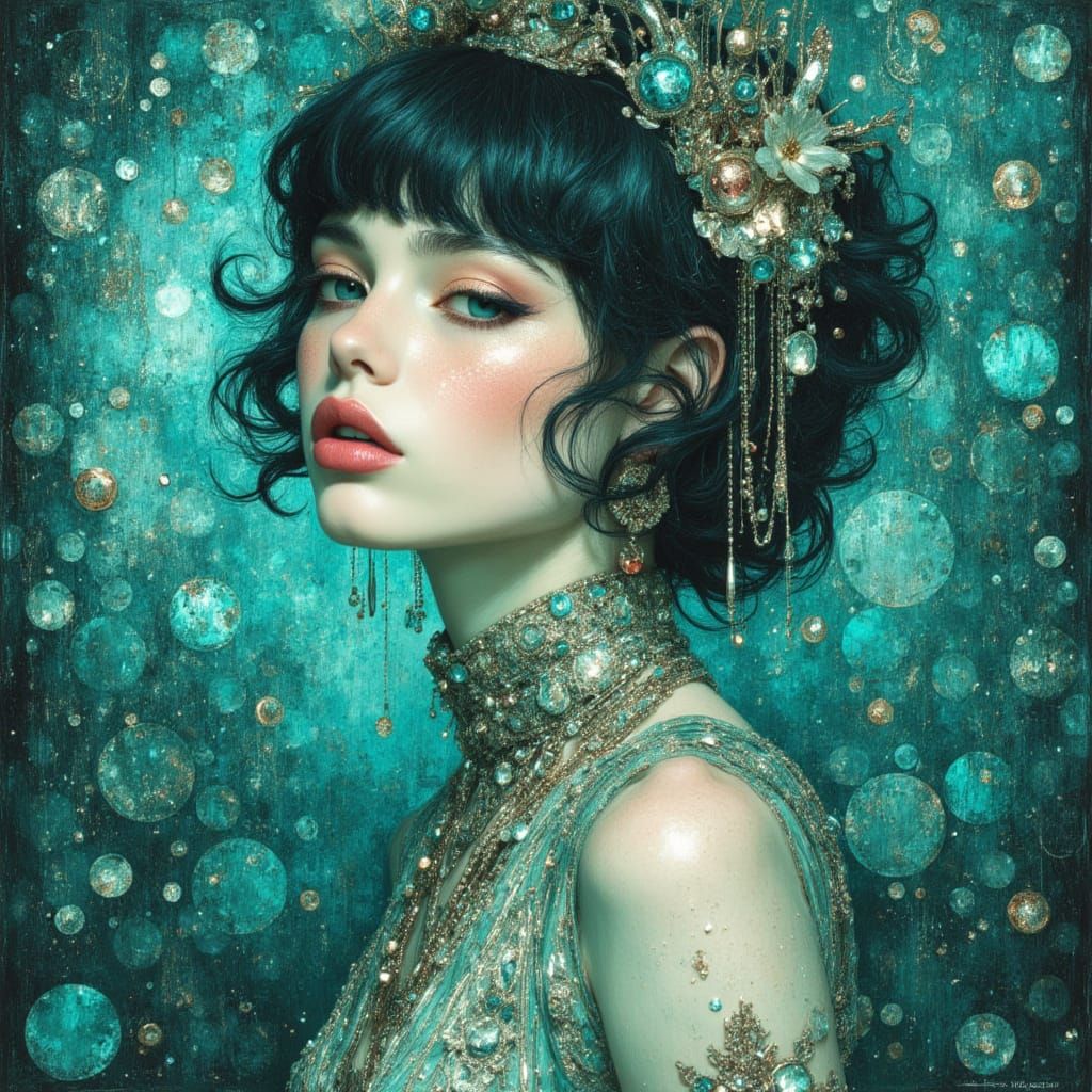 Ocean goddess, silver, teal and aqua hues, in Klimt style <lora:Geo Nouveau:1.0>