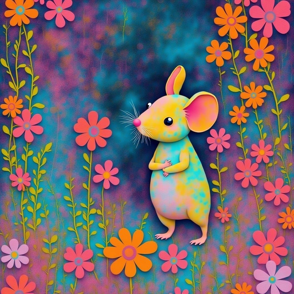 <lora:Gelliprint:1.0>  Vibrant, dreamlike scene of a mouse surrounded by swirling, iridescent colors reminiscent of a gelli print, with soft...