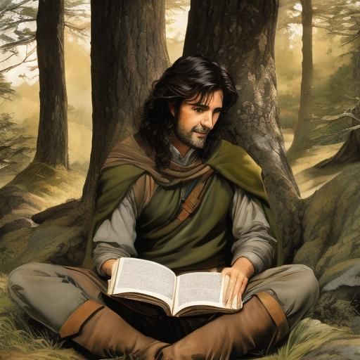 Up close portrait, A male dunedain ranger age 50, greying black hair, sitting in a tree, reading a book <lora:StoryWright:1.0> style of Kip...