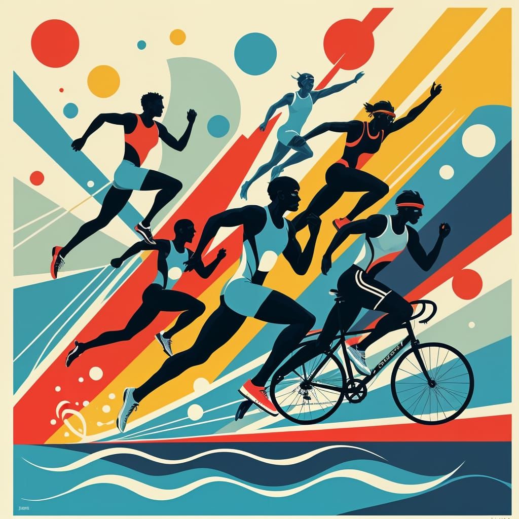 An abstract sports poster celebrating the spirit of multiple Olympic events. It features stylized, silhouetted ...  by @Deborah Sutton
