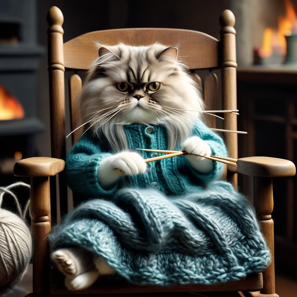 Whimsical folk art image of a long-haired Persian cat sittin...
