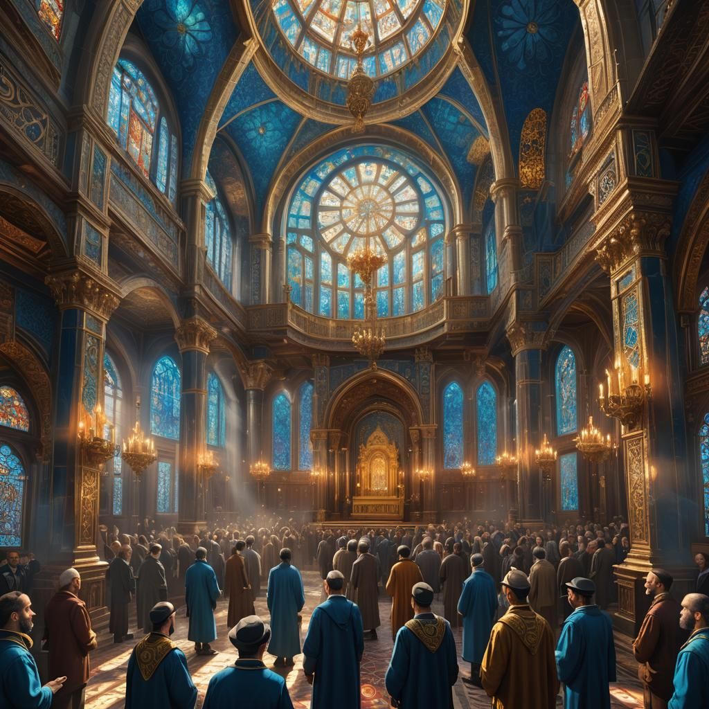 Ornate Synagogue Prayer Scene in Oil Painting Style