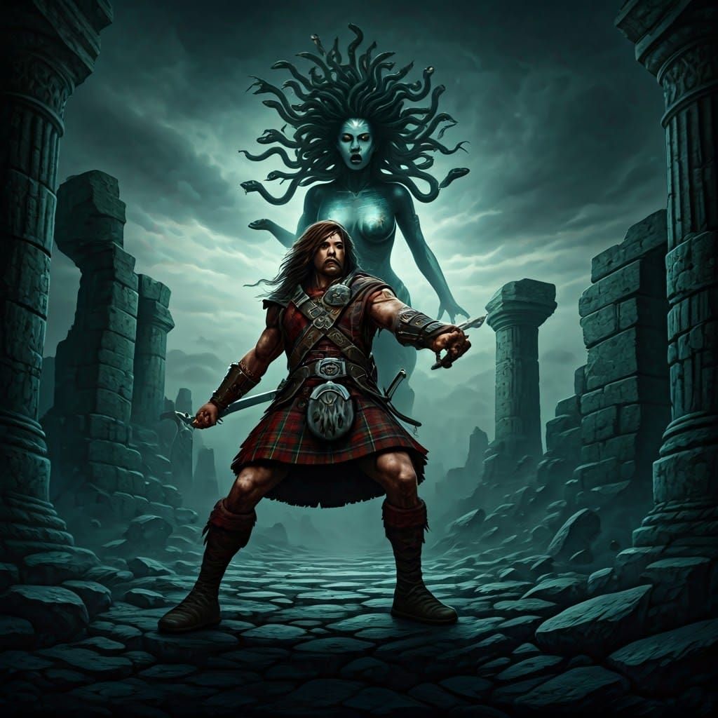 a scottish highlander with a claymore facing an angry medusa