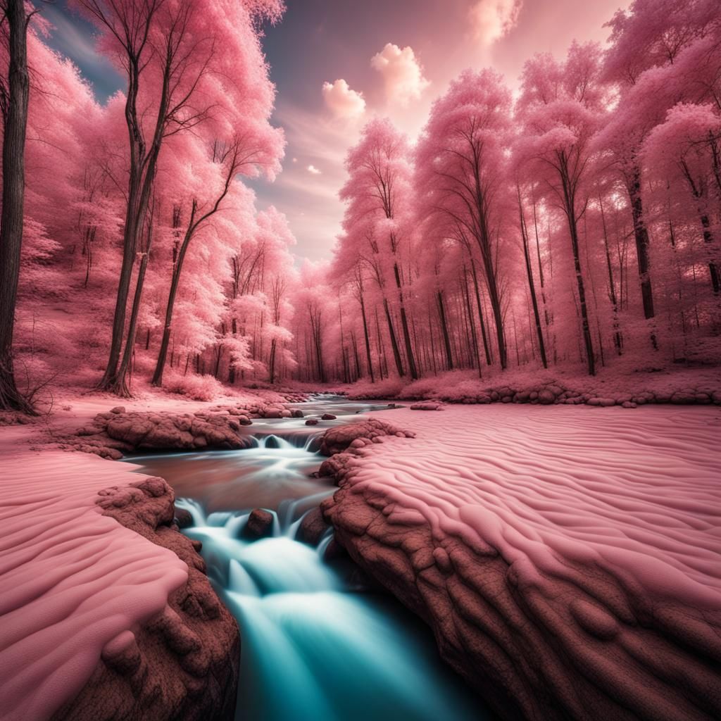a cotton candy forest with a majestical creamy chocolate riv...