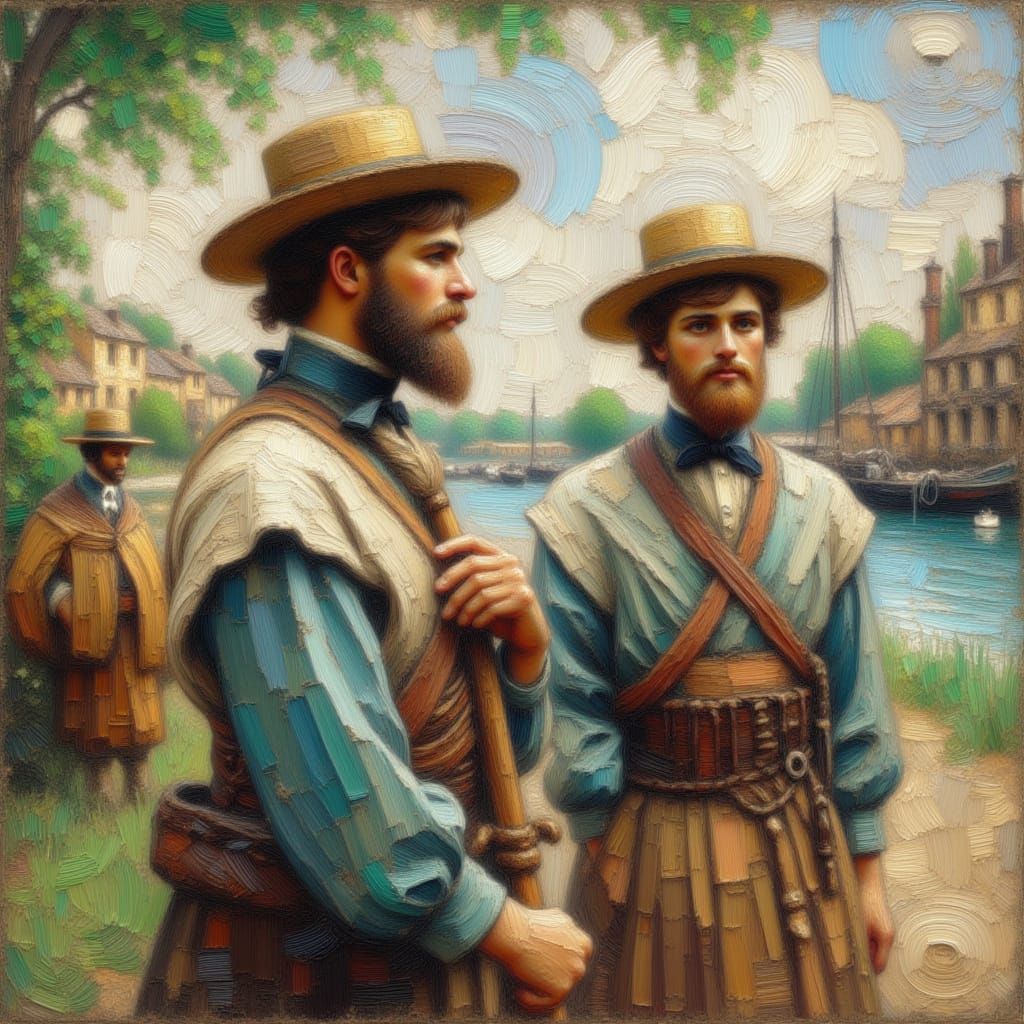 <lora:kak-ImpastoLush:1.0>deep impasto circle strokes portrait of a Victorian fishermen village