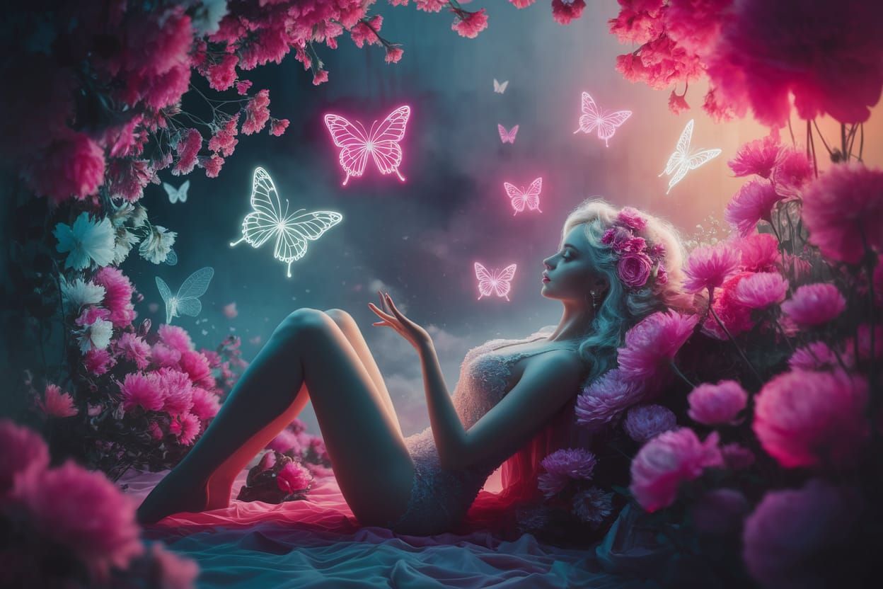 Enchanting woman, reclined in fetal pose, immersed in a dreamlike world, neon fluorescent butterflies, vibrant flowers, ethereal haze, fanta...