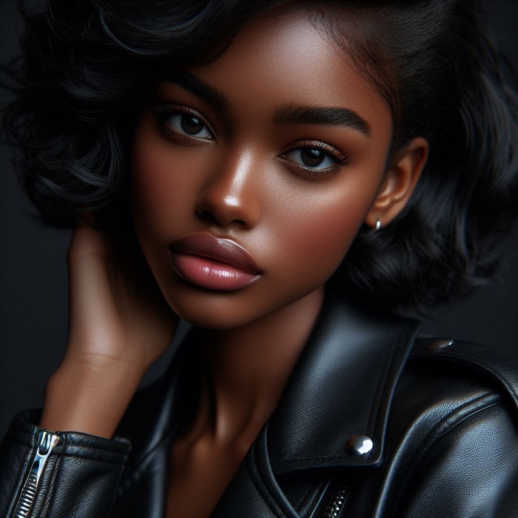 Black Beautiful woman posing in leather