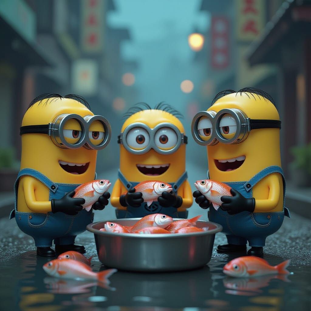 Minions Feast on Fish: Hyperrealistic Digital Art