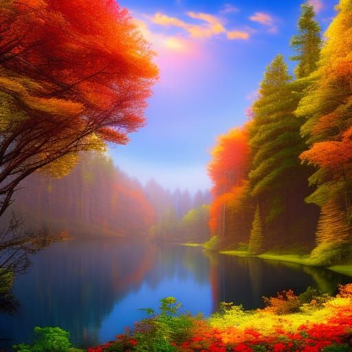 Colorful forest surrounding a lake - AI Generated Artwork - NightCafe ...